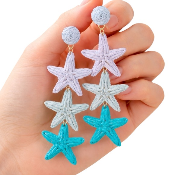 CC and Me Boutique Jewelry - Raffia Starfish Tiered Dangle Earrings | Blue Ombre Boho Beach Tropical NWT
C3